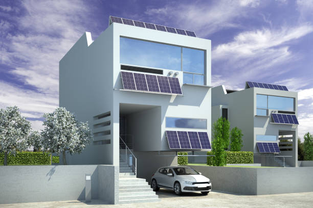 architecture contemporaine maison solaire - illustration 3d - solar energy solar panel sun facade photos et images de collection