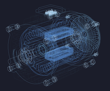 Wireframe of the motor. Internal parts of the engine. 3D Vector illustration.