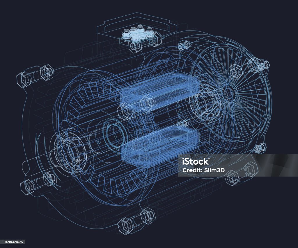 3D engine contour Wireframe of the motor. Internal parts of the engine. 3D Vector illustration. Machinery stock vector