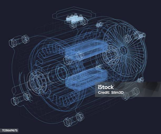 3d Engine Contour Stock Illustration - Download Image Now - Machinery, Electric Motor, Plan - Document