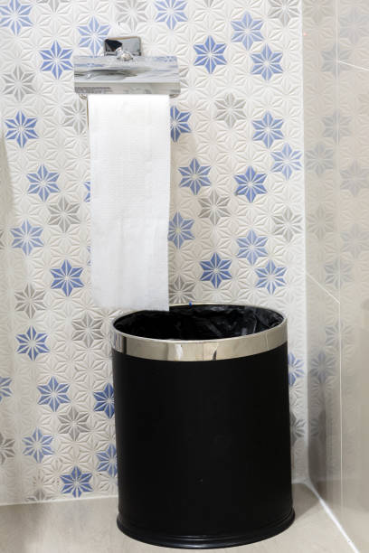 istock Trash can with toilet paper in the restroom 1128670154