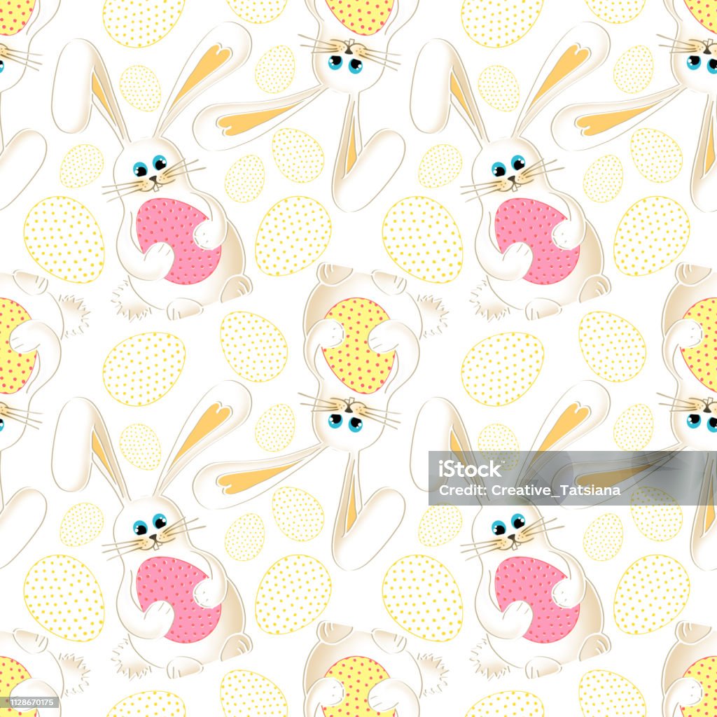 Cute Easter bunny. Seamless white background with cartoon rabbit and colorful Easter eggs. Gift wrapping paper design, banner Easter bunny Abstract stock illustration