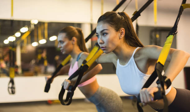 Women training arms with trx fitness straps Women training arms with trx fitness straps in the gym deltoid photos stock pictures, royalty-free photos & images