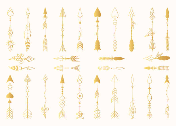 ilustrações de stock, clip art, desenhos animados e ícones de hand drawn tribal boho golden arrow dividers with feathers in indian style. ink aztec tattoo. scandinavian gold border collection. - native american north american tribal culture symbol dreamcatcher