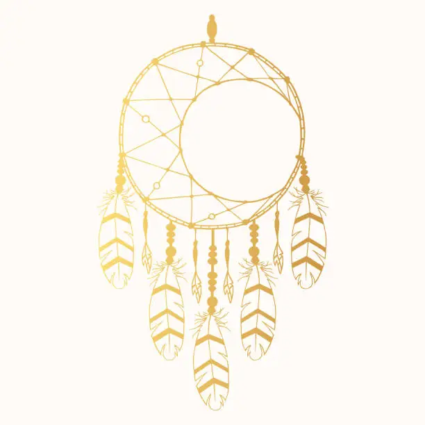 Vector illustration of Hand drawn vintage bohemian gold dream catcher in boho style. Magic tribal indian golden tattoo. Traditional aztec print.