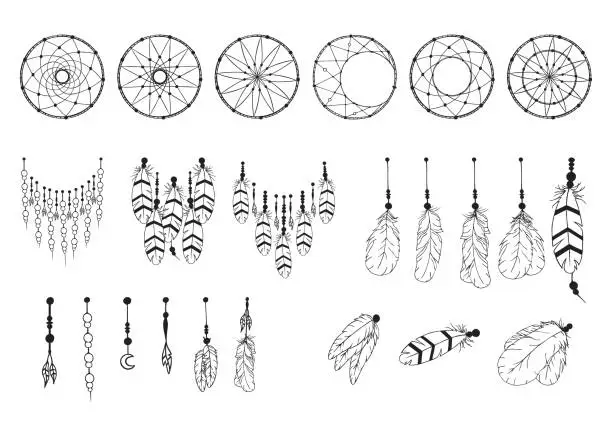 Vector illustration of Hand drawn dream catcher creator collection in boho style. Native indian feathers. Magic aztec bohemian tattoo. Traditional print.