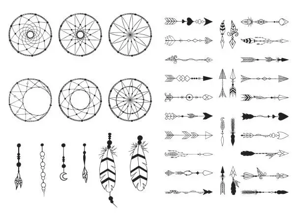 Vector illustration of Hand drawn boho lace dream catcher creator and tribal arrows collection in traditional indian style. Navajo feathers. Magic bohemian tattoo. Aztec print.