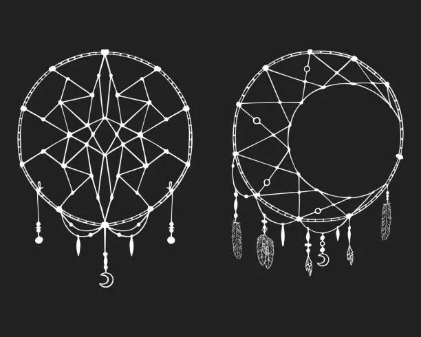 Vector illustration of Hand drawn boho dream catchers in native indian style with feathers. Magic aztec tribal tattoo. Ethnic moon print.