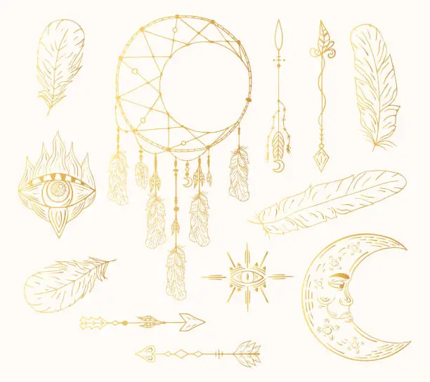 Vector illustration of Hand drawn golden boho eye, dream catcher, arrows, feathers, moon tribal tattoo in native bohemian, indian style. Magic gold scandinavian print.