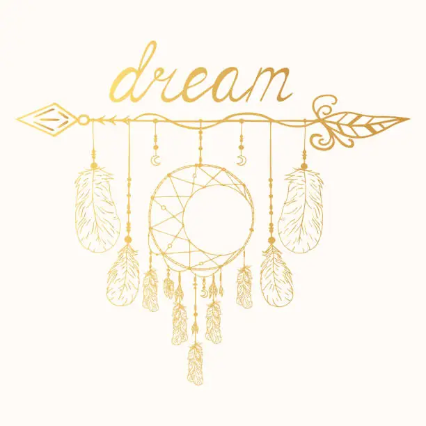Vector illustration of Hand drawn golden boho dream catcher in native indian style. Magic aztec gold tribal bohemian tattoo.