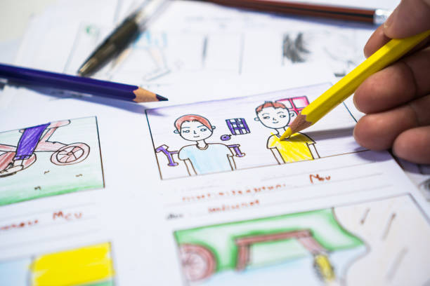 istock Creator  Storyboard or storytelling drawing creative for movie process pre-production media films script for video editors, development cartoon illustration animation for production shooting 1128674909