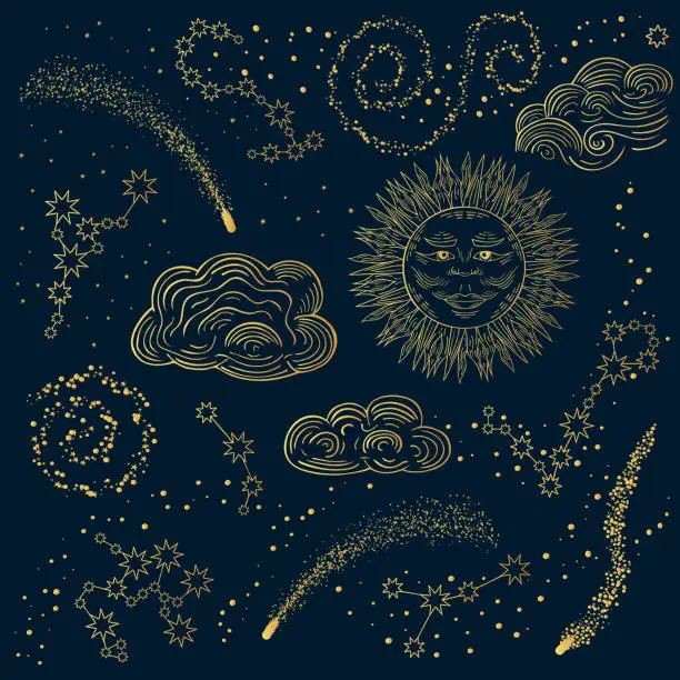 Vector illustration of Hand drawn golden galaxy, stars and constellations with sun and clouds. Pattern with zodiacs in the night sky. Vector isolated cosmic illustration.