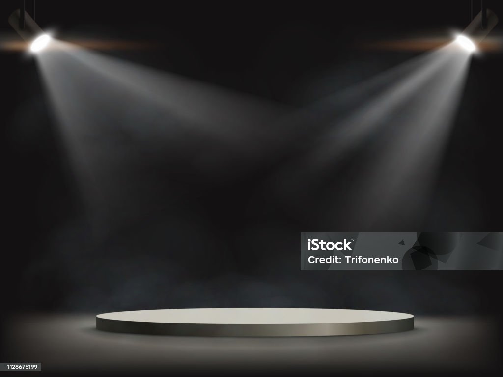 Spotlights illuminates a round empty stage. Spotlights illuminates a round empty stage. Background for presentation and awards. Vector illustration. Spotlight stock vector