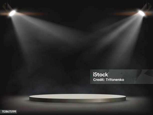Spotlights Illuminates A Round Empty Stage Stock Illustration - Download Image Now - Spotlight, Stage - Performance Space, Lighting Equipment