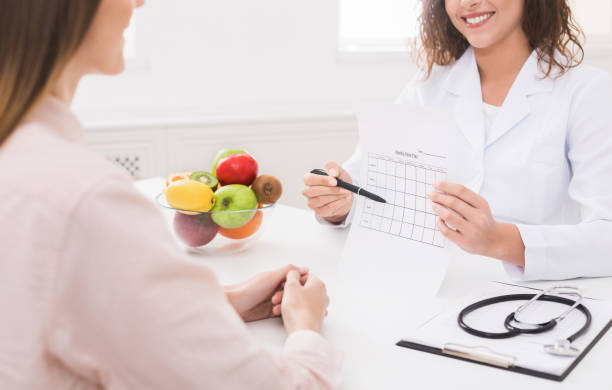 istock Healthy nutrition expert making weekly meal plan for client 1128676620