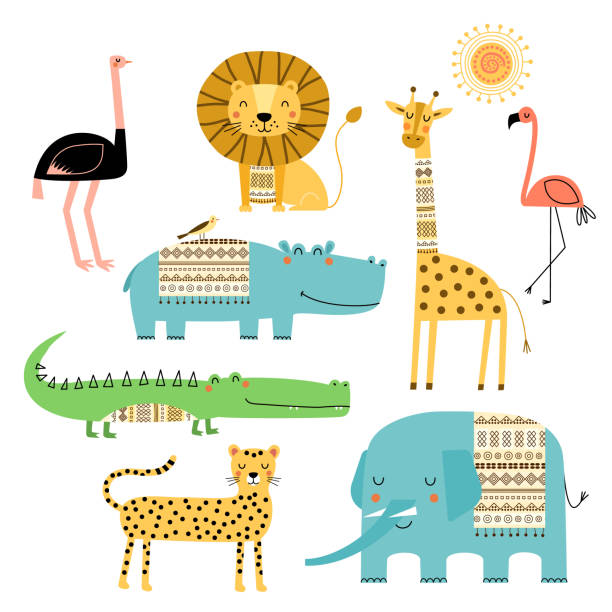 illustrations, cliparts, dessins animés et icônes de mignons animaux d’afrique. vecteur série de dessins d’enfants. ornements traditionnels, motifs ethniques et tribales. style de doodle. éléphant, hippopotame, girafe, crocodile, lion, guépard, flamingo, autruche. - big cat fun cute yellow