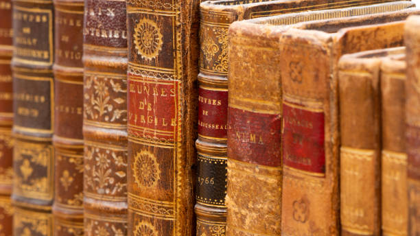 istock Row of ancient books with leather bindings 1128678560