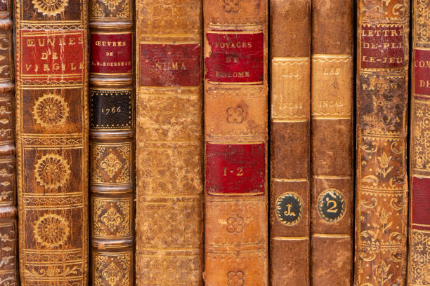 istock Row of ancient books with leather bindings 1128678645