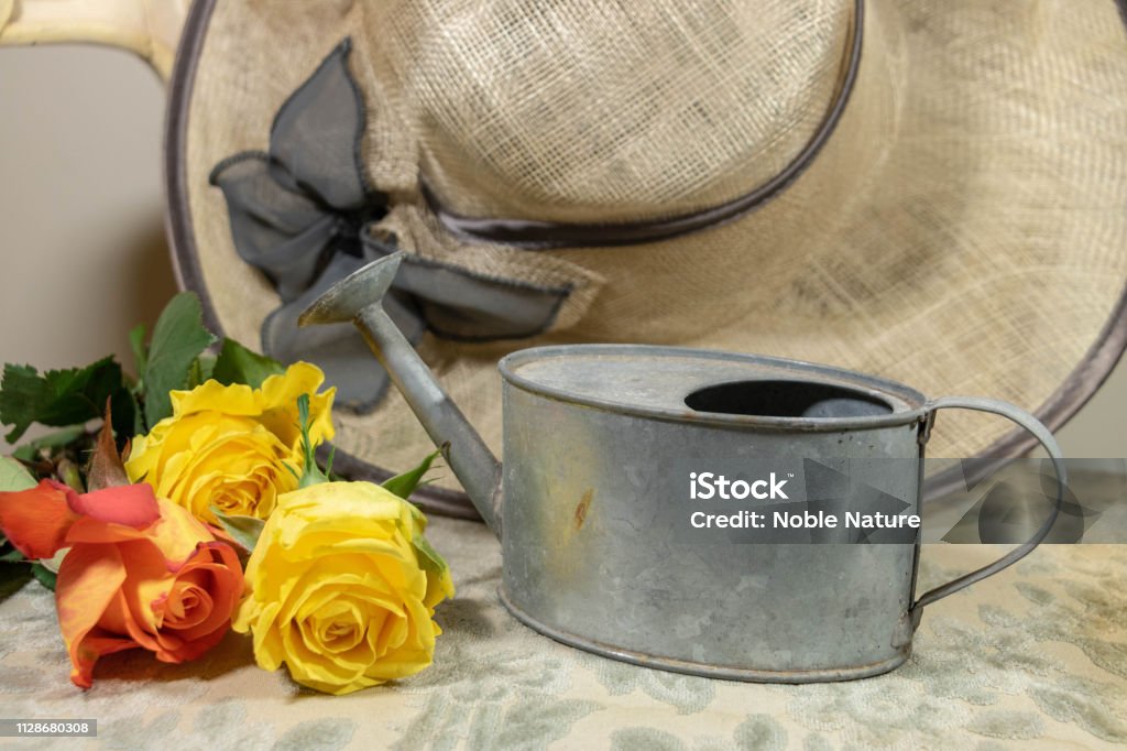 Women's accessories for going to the garden, watering can, roses and very elegant straw hat Shabby chic in the garden with a small watering can of roses and a beautiful straw hat Armchair Stock Photo