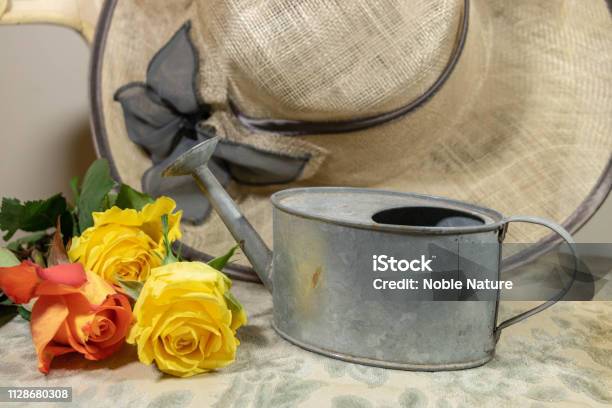 Womens Accessories For Going To The Garden Watering Can Roses And Very Elegant Straw Hat Stock Photo - Download Image Now