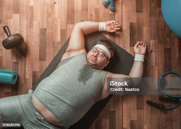 Funny Exhausted Overweight Sportsman Stock Photo - Download Image Now - Overweight, Exercising, Men