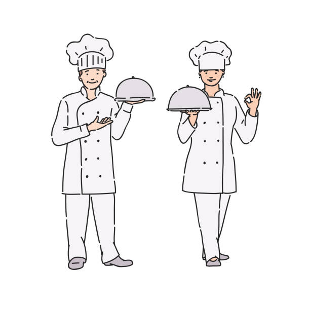 istock Chef woman and man in professional uniform with dish in hand. Vector illustration in line art style on white background. 1128680489