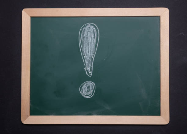 istock Chalk hand drawing exclamation mark shape on green board with wooden frame background 1128681646