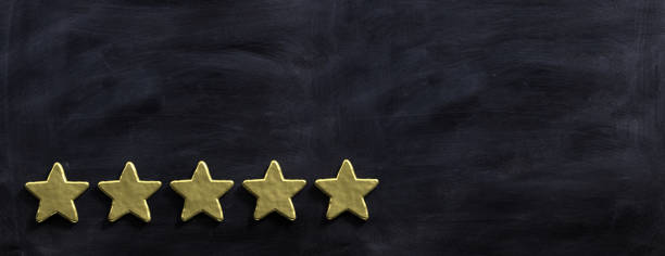istock Five golden stars isolated on black background, banner. 3d illustration 1128682143