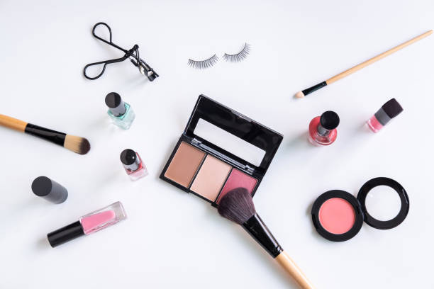 istock Woman cosmetics, brush and make up on white background, Top view 1128682821