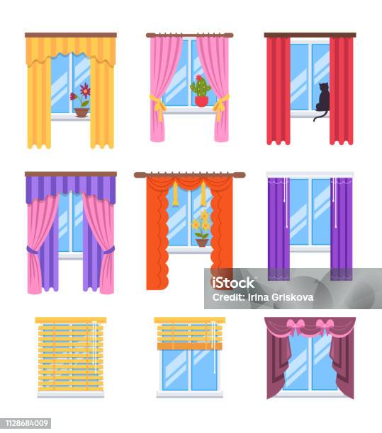 Set Of Different Windows With Variation Colorful Curtains Vector Flat  Cartoon Isolated Illustration Stock Illustration - Download Image Now -  iStock