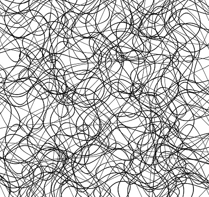 Black scribbles. Random chaotic lines. Abstract tangled texture. Wallpaper or background of doodles on white.