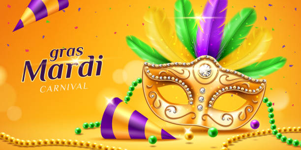 mardi gras parada banner z maską maska - tail feather stock illustrations