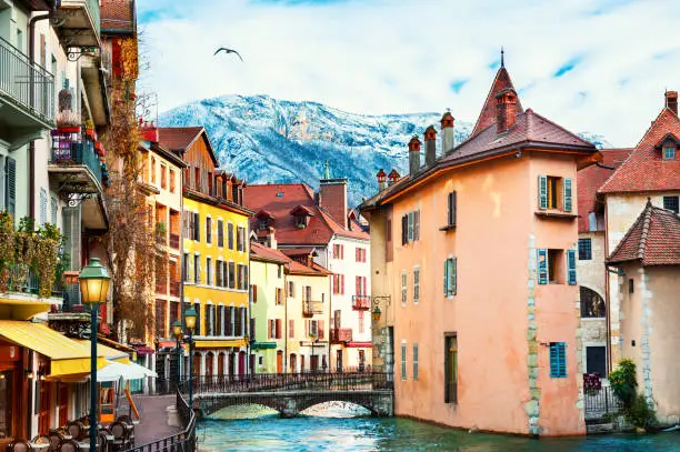 Old town with colorful buildings on canal in Annecy, France. Winter cityscape