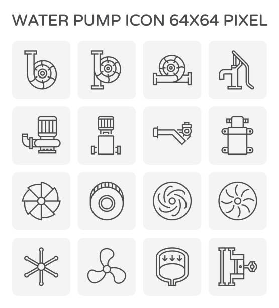 water pump icon Water pump and steel blade icon for water distribution, 64x64 perfect pixel and editable stroke. hand water pump stock illustrations