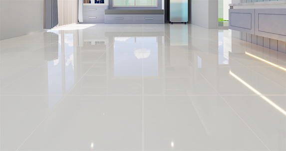 3D render illustration of white tile floor with grid line for background.