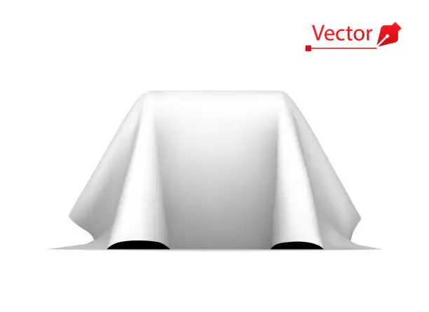 Vector illustration of Object covered with white silk cloth. Secret box, cube hidden under satin fabric with drapery.