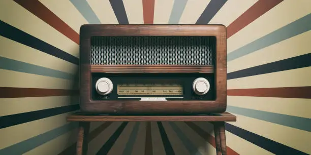 Photo of Radio old fashioned on wooden table, retro wall background, 3d illustration