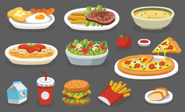 ilustraciones, imágenes clip art, dibujos animados e iconos de stock de conjunto de comida tradicional. vamos a comer algo delicioso sabroso. iconos de menú logotipos y etiquetas. - prepared fish illustrations