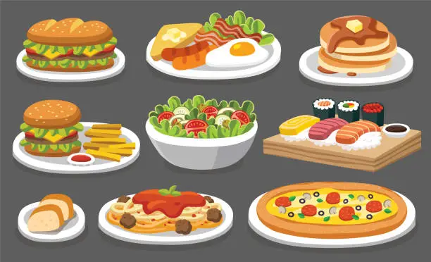 Vector illustration of Set of traditional food. Let's eat something delicious tasty food. Icons for menu logos and labels.