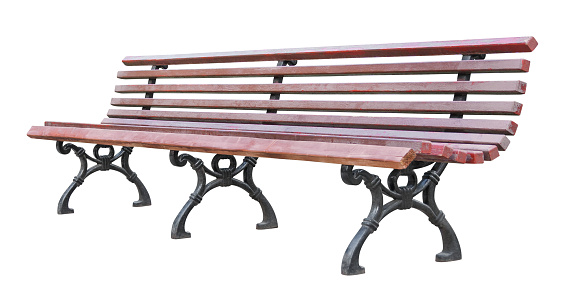 Perspective view on a lenght brown wooden bench with curved wrought legs, isolated on a white background (design element)