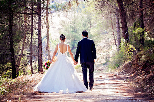 Wedding couple walking between trees in forest.