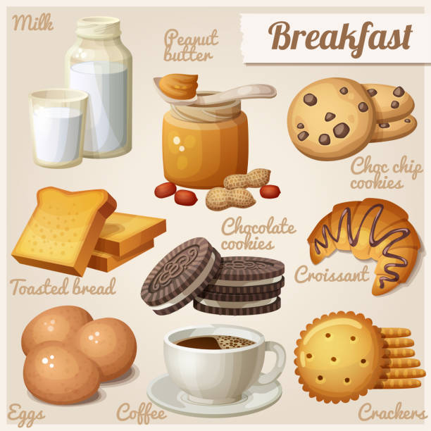 ilustrações de stock, clip art, desenhos animados e ícones de breakfast 3. set of cartoon vector food icons - cookie chocolate chip chocolate chip cookie cartoon