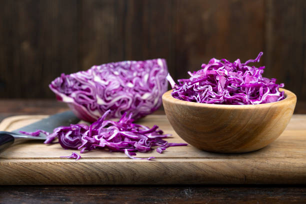 istock finely chopped purple cabbage in a plate on the table. 1128703567