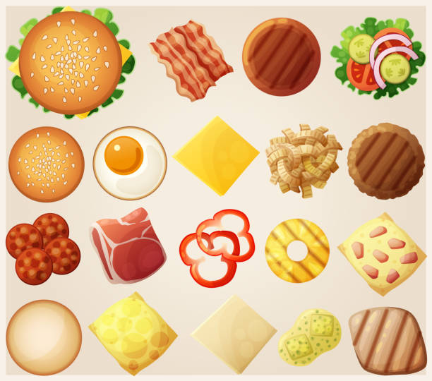 ilustraciones, imágenes clip art, dibujos animados e iconos de stock de juego de hamburguesas. vista superior. bollos de ingredientes, queso, tocino, tomate, cebolla, lechuga - omelet bacon tomato fruit