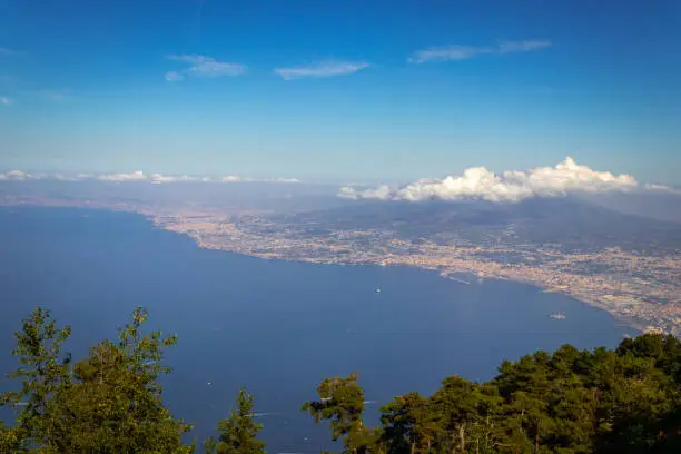 Photo of Landscape view of beautiful green mountains and Mount Vesuvius and the Bay of Naples from Mount Faito, Naples (Naploi), Italy, Europe