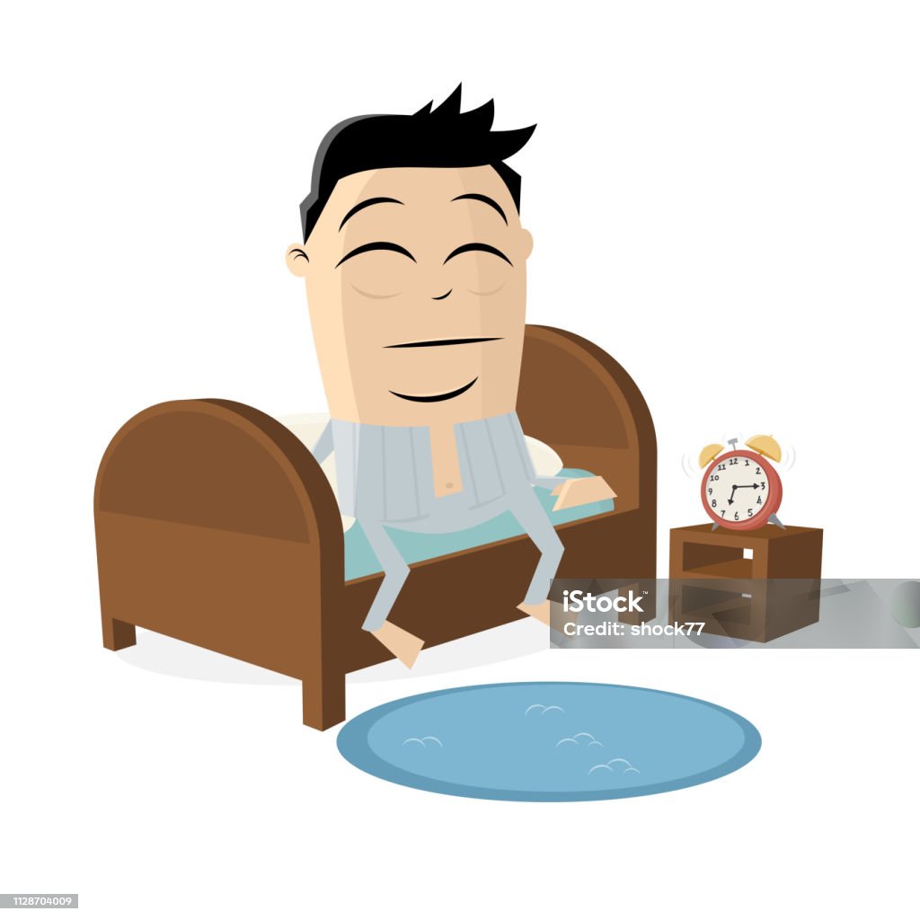 tired cartoon man getting up from the bed Routine stock vector