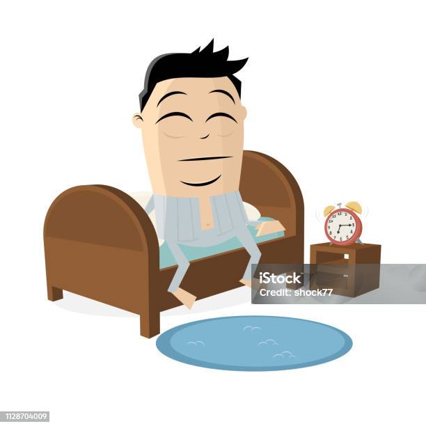 Tired Cartoon Man Getting Up From The Bed Stock Illustration - Download Image Now - Routine, Adult, Alarm