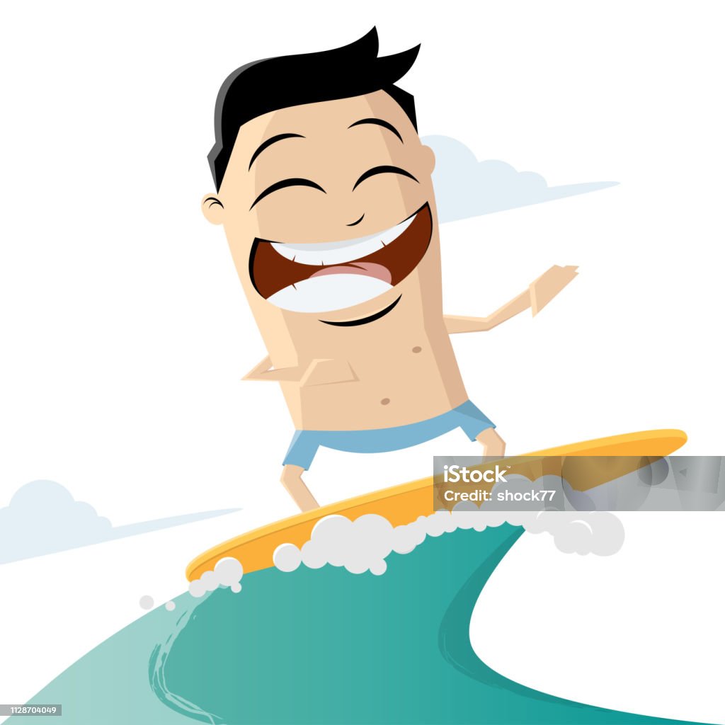 funny cartoon illustration of a surfing man Activity stock vector
