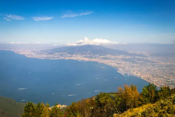 Photo of Landscape view of beautiful green mountains and Mount Vesuvius and the Bay of Naples from Mount Faito, Naples (Naploi), Italy, Europe