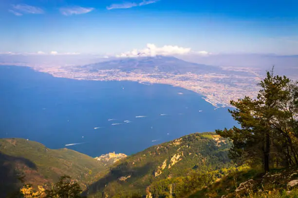 Photo of Landscape view of beautiful green mountains and Mount Vesuvius and the Bay of Naples from Mount Faito, Naples (Naploi), Italy, Europe